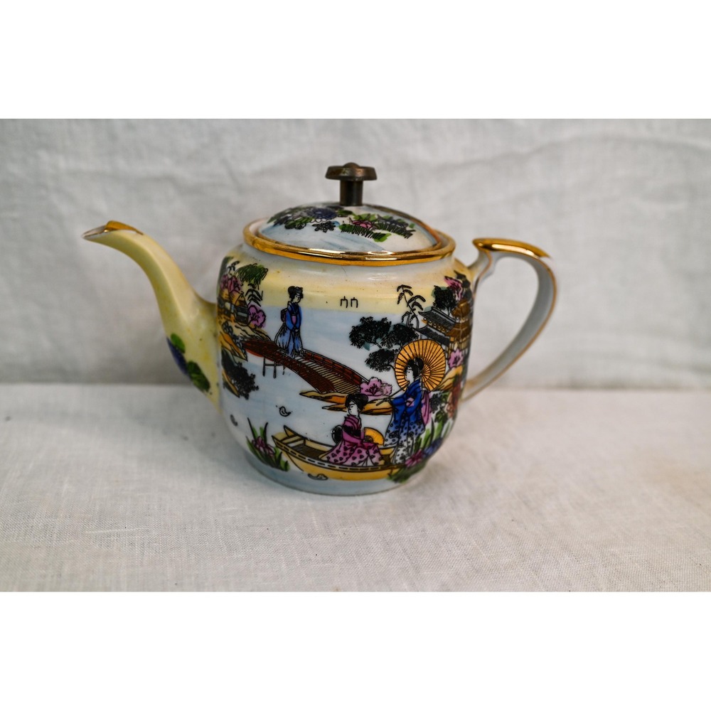 Vintage Japanese Tea Pot Hand Painted Landscape Mount Fuji Gold Trim Yellow Blue